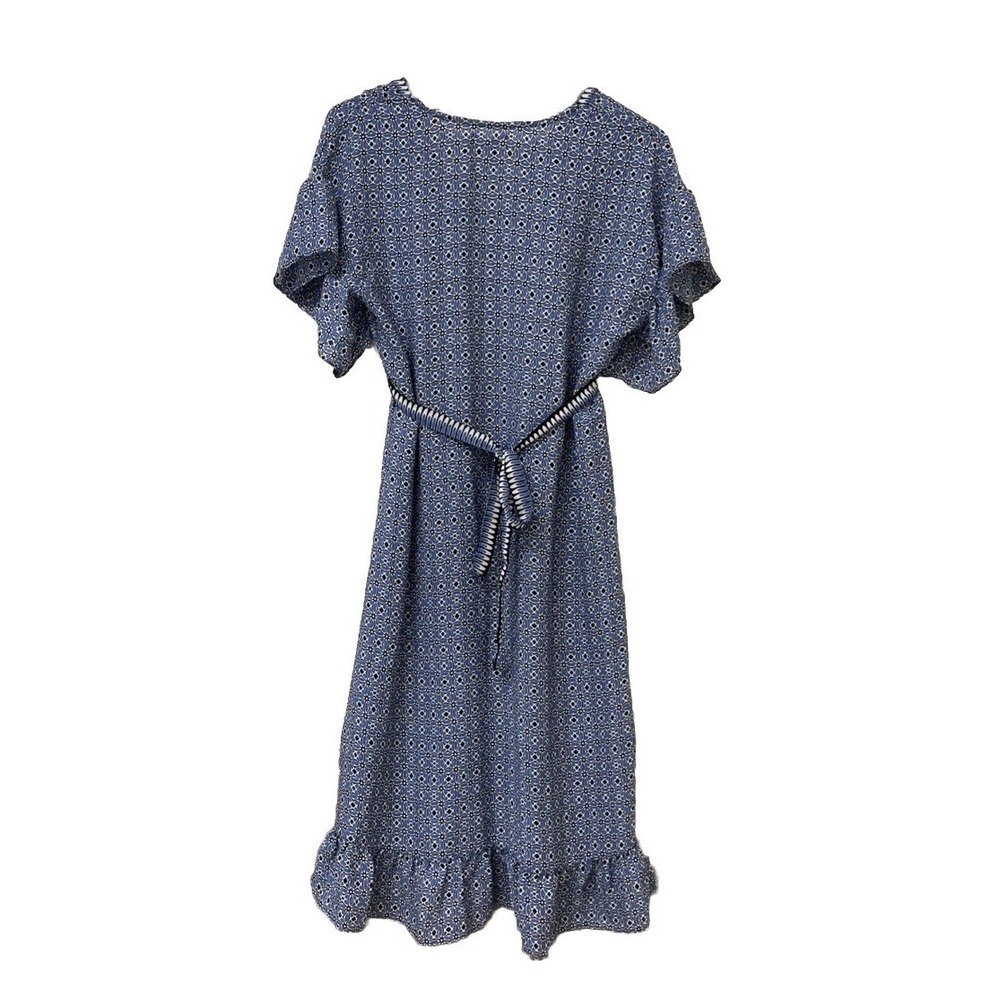 Max Studio Dress Blue Printed Short Sleeve V Neck Midi Tie Waist Women's S NWT - Picture 4 of 9